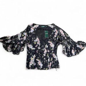 Large Ralph Lauren brand new Black floral blouse with ruffle sleeves